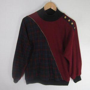 Vtg Cape Cod Sportswear Womens L Maroon Red Navy Plaid Mock Neck Knit Shirt